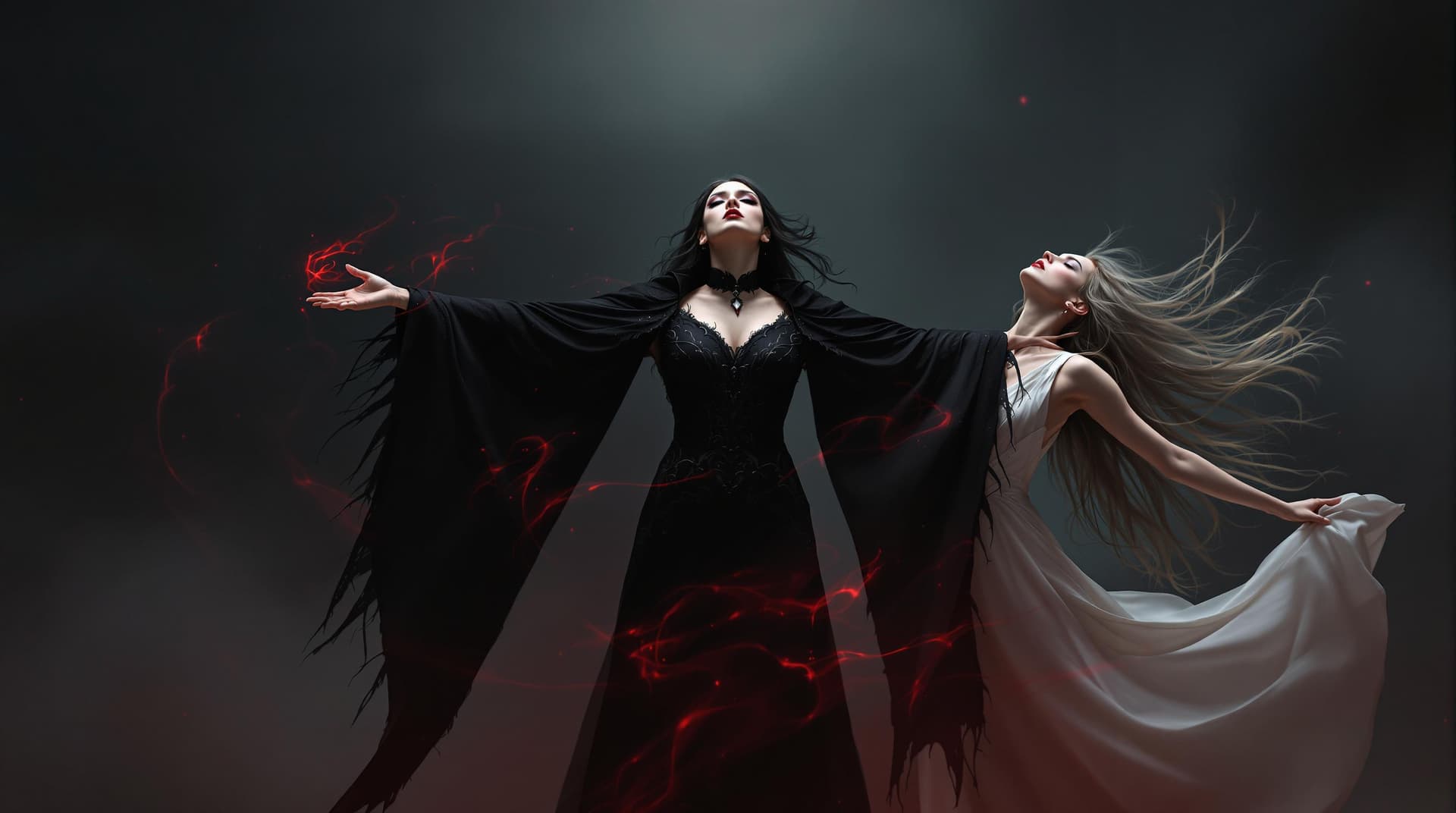 AI generated: A dramatic scene of two women, one in a dark, gothic-inspired dress with a flowing cape, standing in...