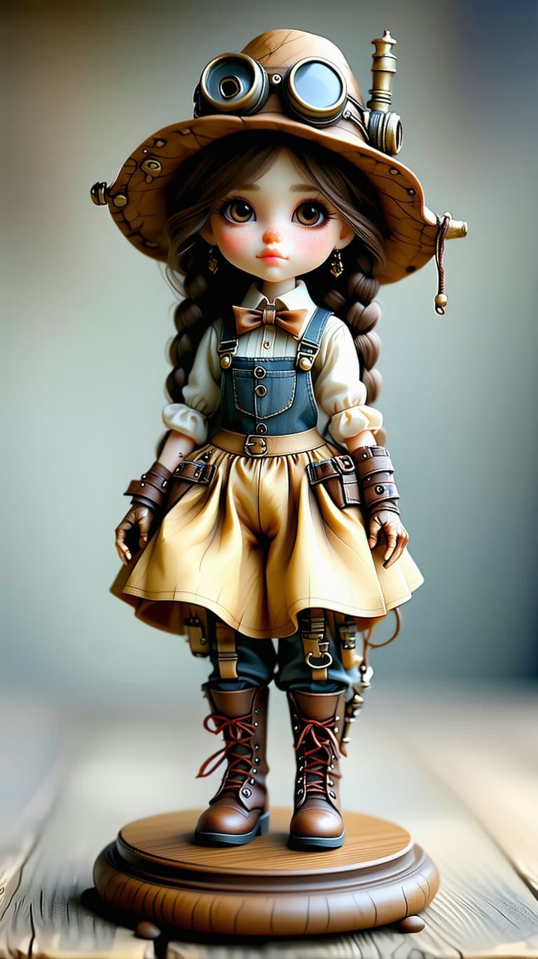 AI generated: A photo-realistic of a beautiful steampunk doll porcelain figurine on a small wood platform, Little ...