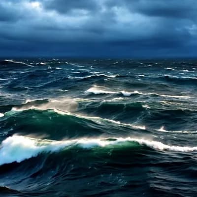 AI generated video: The camera pans from left to right over a stormy sea, clouds move across the sky  