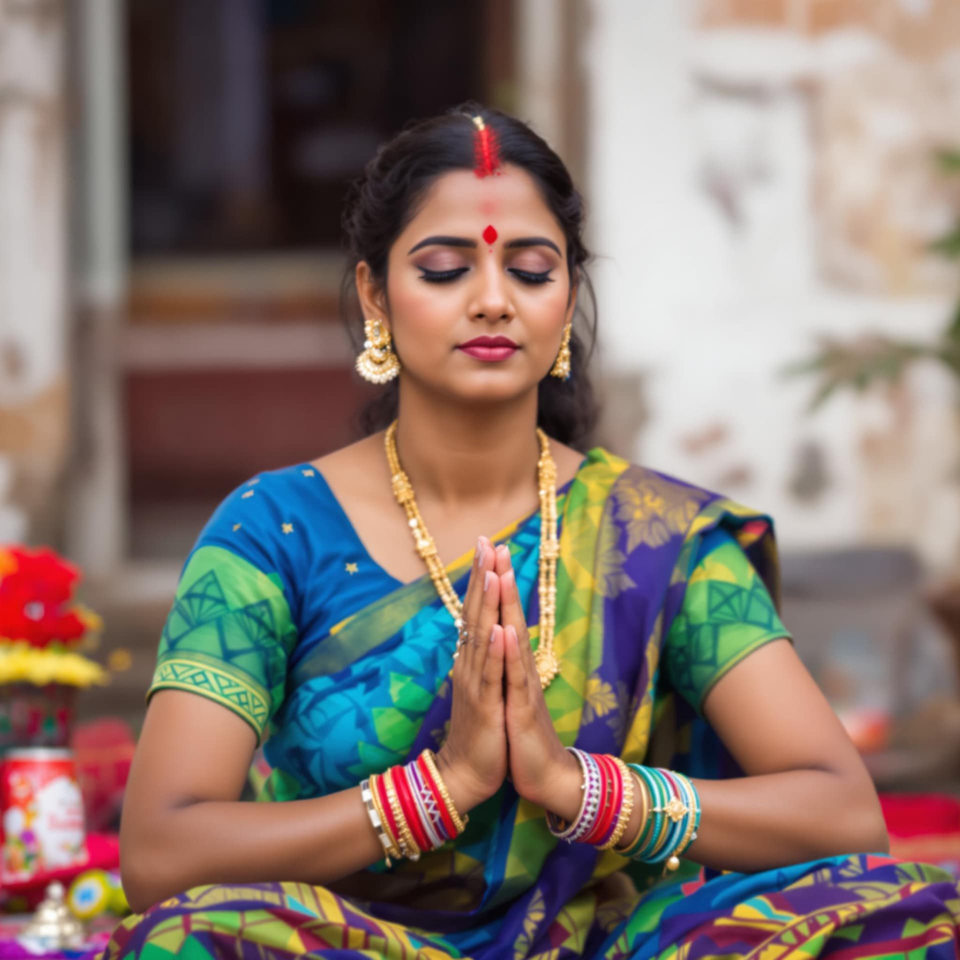 AI generated: "A woman south Indian in a vibrant blue and green sari sits cross-legged on the ground, eyes opened ...