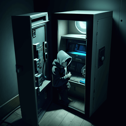 AI generated: Photo of a thief hacking into a safe, inside the safe is an anatomically correct view of an optic ne...