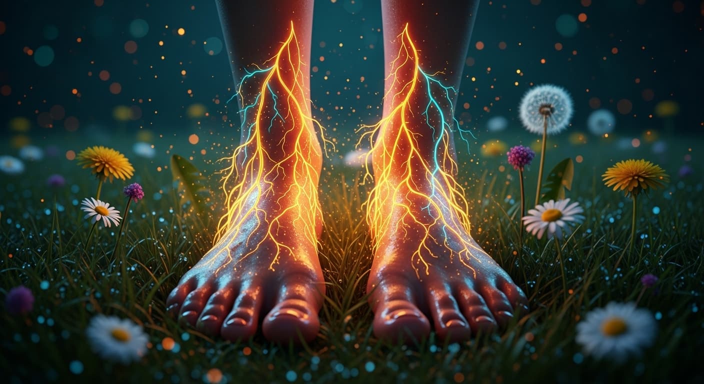 AI generated: Magical-realistic macro close-up of bare feet standing on a dewy meadow at night. Low camera angle, ...