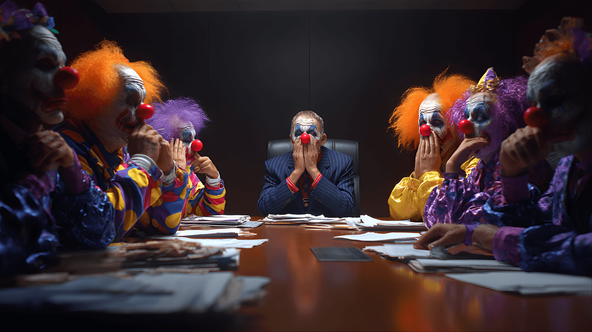 AI generated: Group of clowns in business meeting, indoor shot, dramatic lighting,  middle-aged men, Caucasian, we...