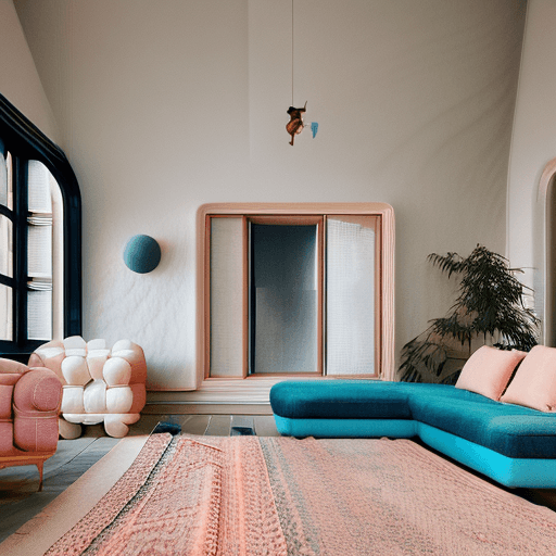 AI generated: High resolution photography interior design, dreamy sunken living room conversation pit, wooden floo...