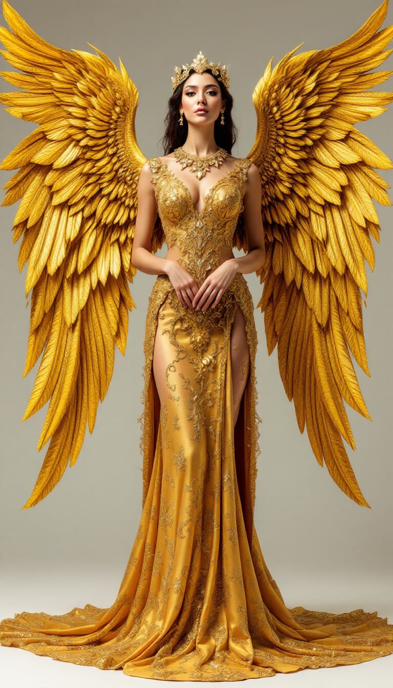 AI generated: A woman adorned in a golden, intricately designed gown that cascades down to the ground. She is also...
