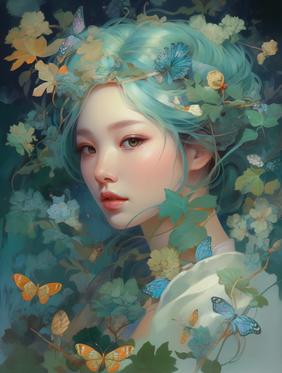 AI generated: breathtaking Female Portrait by Miho Hirano, ilya kuvshinov, alphonse mucha, realistic, detailed, bl...