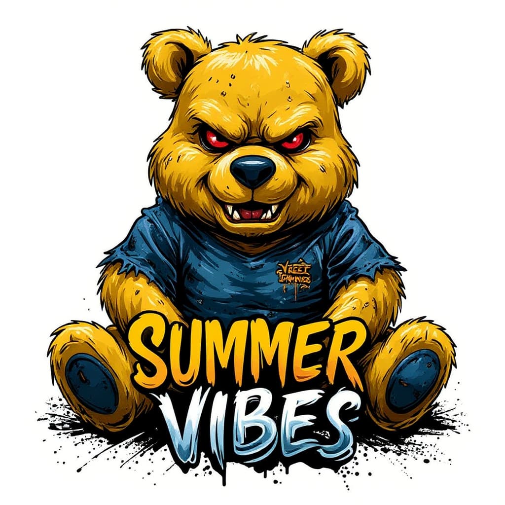 AI generated: A fierce and angry Teddy Bear character with glowing red eyes, sitting down, wearing a ripped t-shir...
