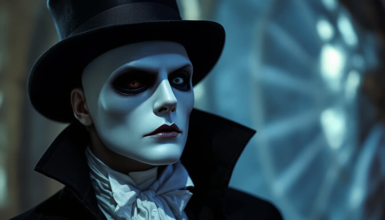 AI generated: cosplay (the phantom of the opera:1.2), Michael Crawford, half mask, gothic lair  