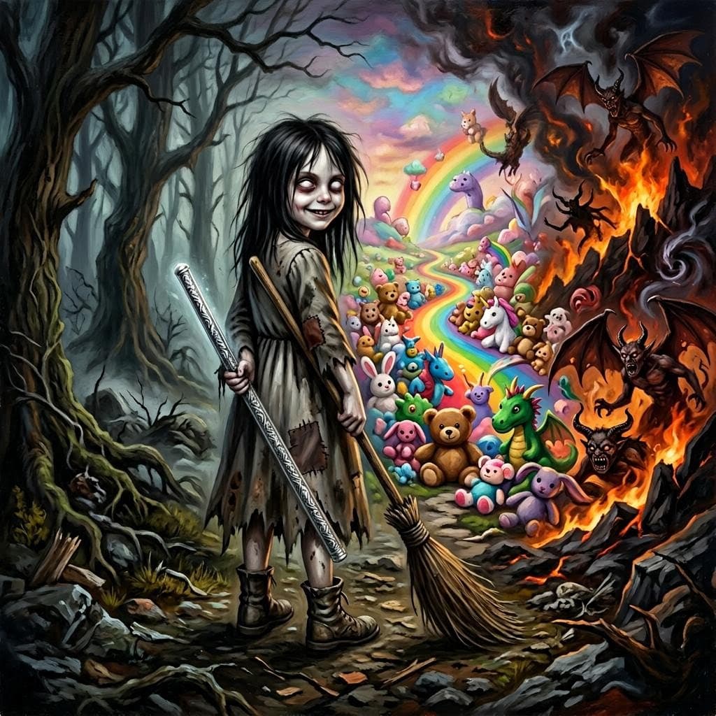 AI generated: dungeons and dragons style, a small young lady wearing a tattered dress, partially hiding a shiny me...