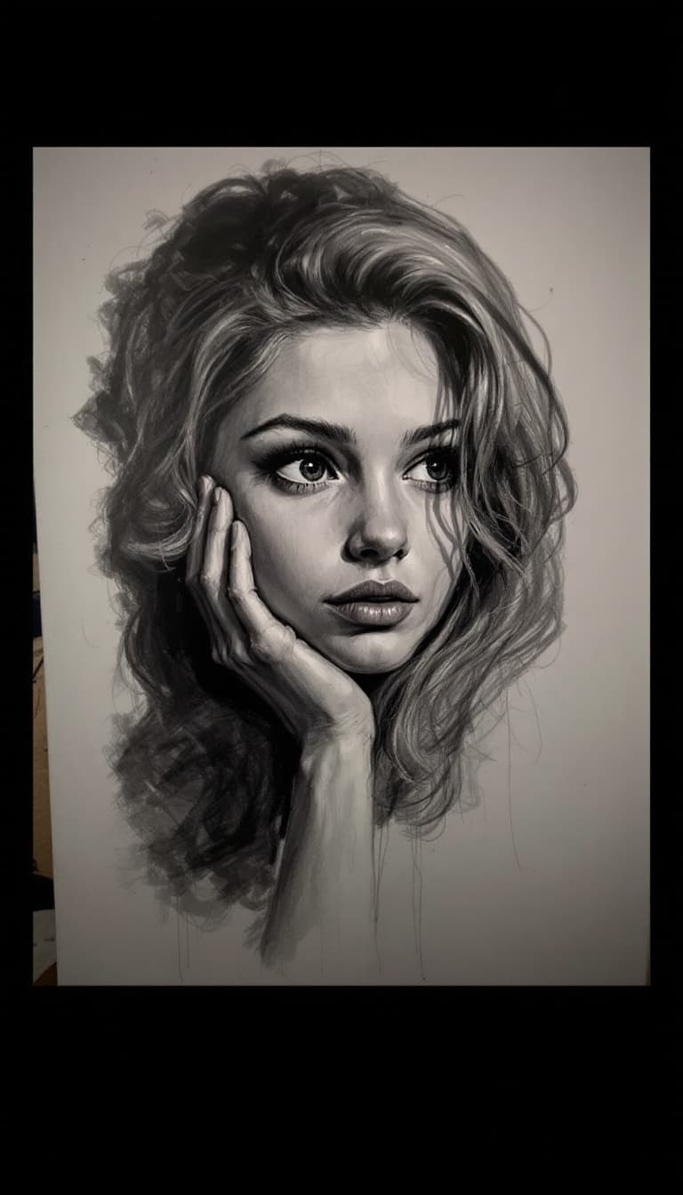 AI generated: Girl, charcoal sketch, wondering, 