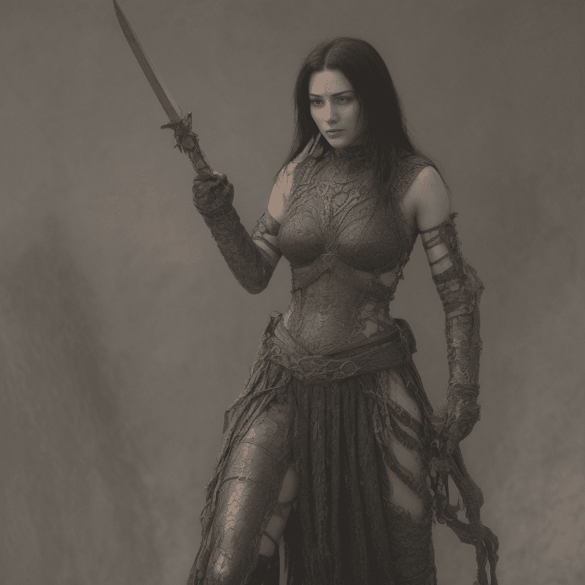 AI generated: A maiden, sword in hand, in a Norse village fitting off an attack,long hip length jet black hair, a ...