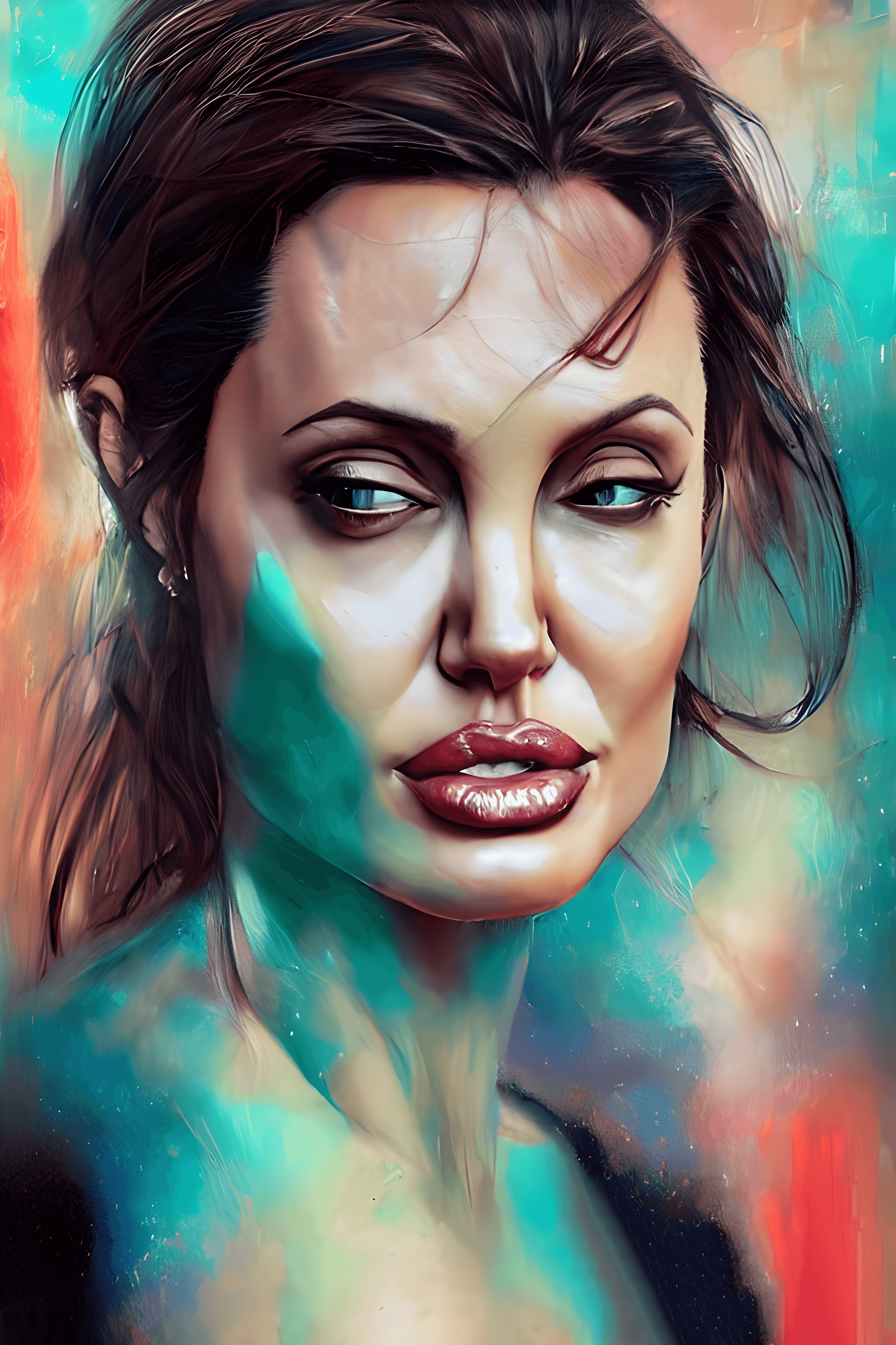 AI generated: a painting of a Angelina Jolie with blue eyes, an airbrush painting, dark hair, The background consi...
