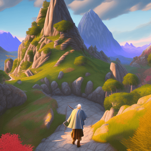 AI generated: Gandolf the wizard walks along a rocky path, in the background is a giant mountain, vibrant colors, ...