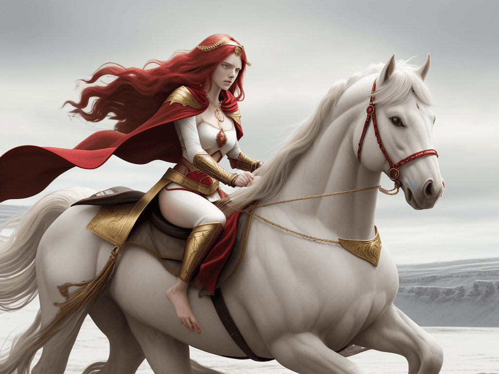 AI generated: a woman in a red cape riding a white horse through a desolate landscape. The woman has long red hair...