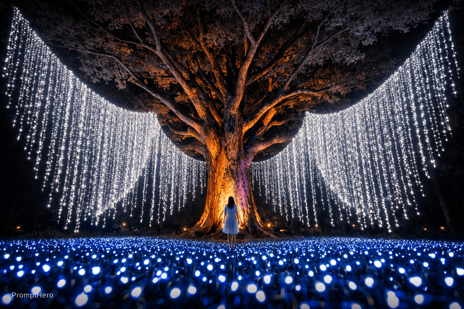 AI generated: A low-angle, wide-shot night photograph looking upward at a single magnificent mature tree whose tru...