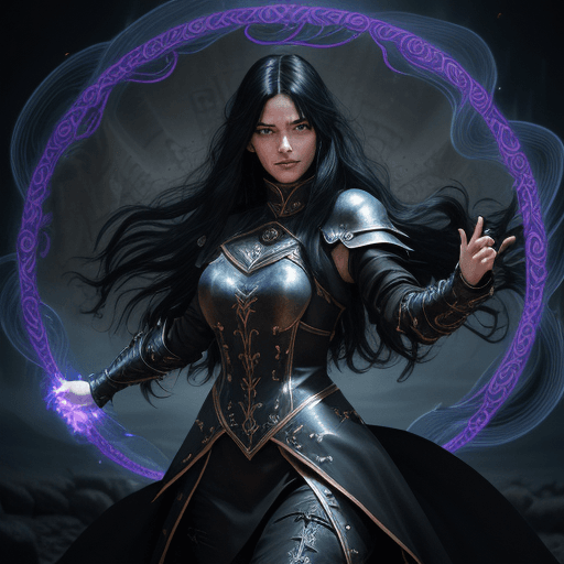 AI generated: A female warlock with long black hair wearing leather armor, Casting a Spell, Swirling magical energ...