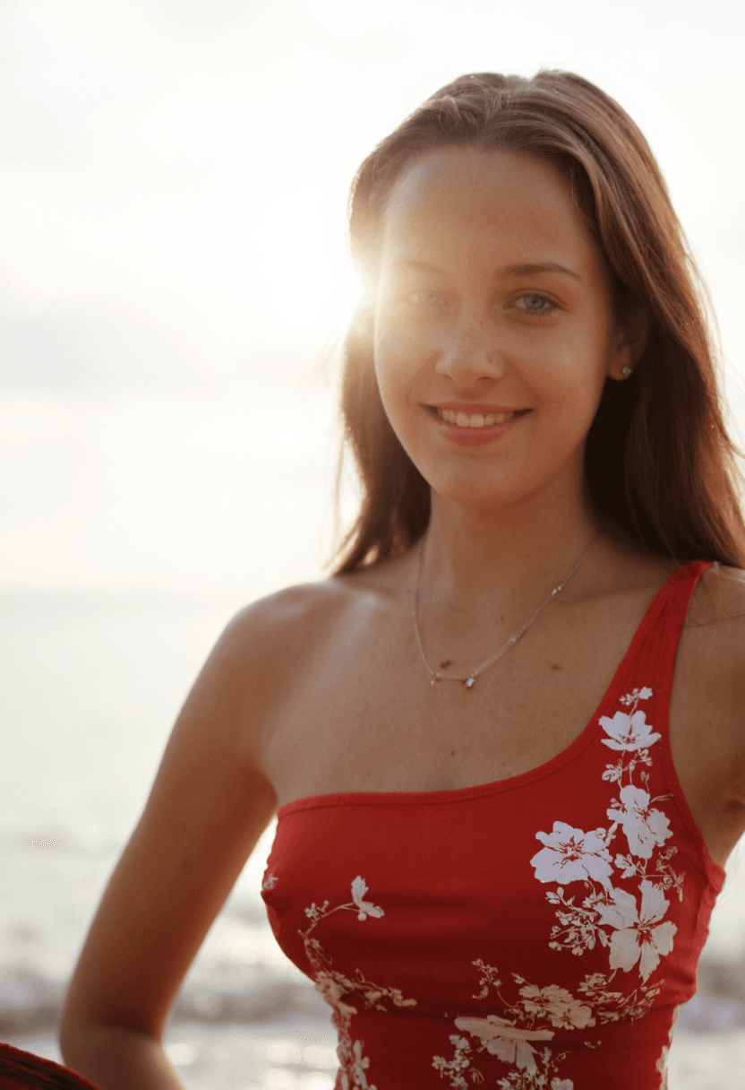 AI generated: A 35mm film photograph of a woman in her 40s, wearing a tight single-shoulder swimsuit with a spaghe...