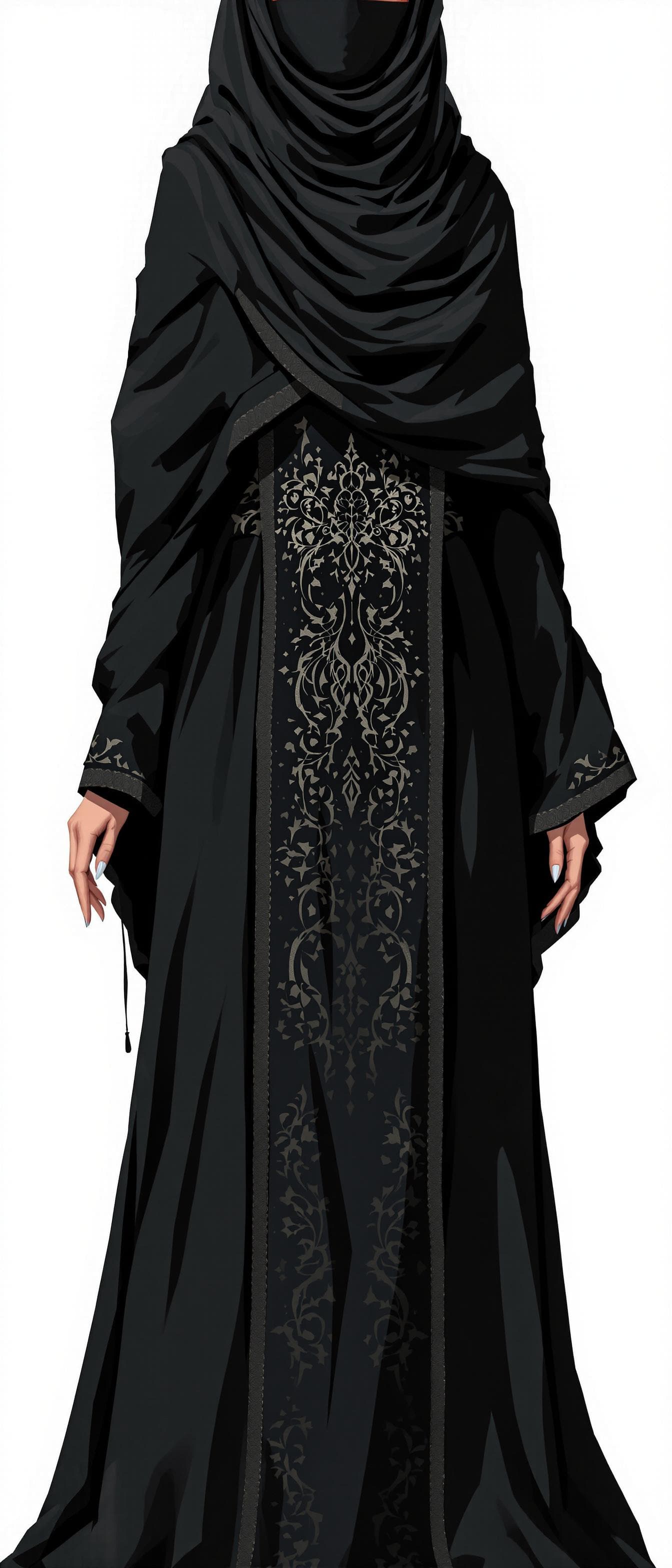 AI generated: manga anime, full body, wearing a black hijab with the covering face like a Arabian woman in black c...