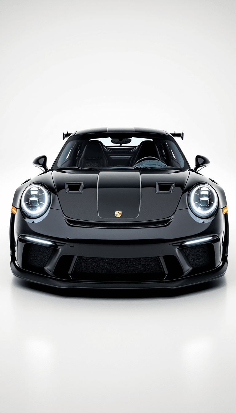 AI generated: Studio photograph with professional lighting of the Porsche 911 GT3 color black and race decals, cap...