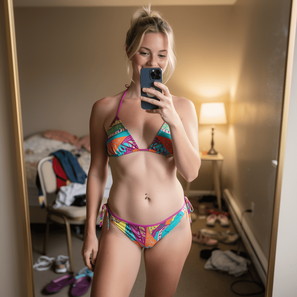 AI generated: Ultra realistic, mirror self shot picture, iPhone 15 Pro, slight camera flash, high quality image, s...