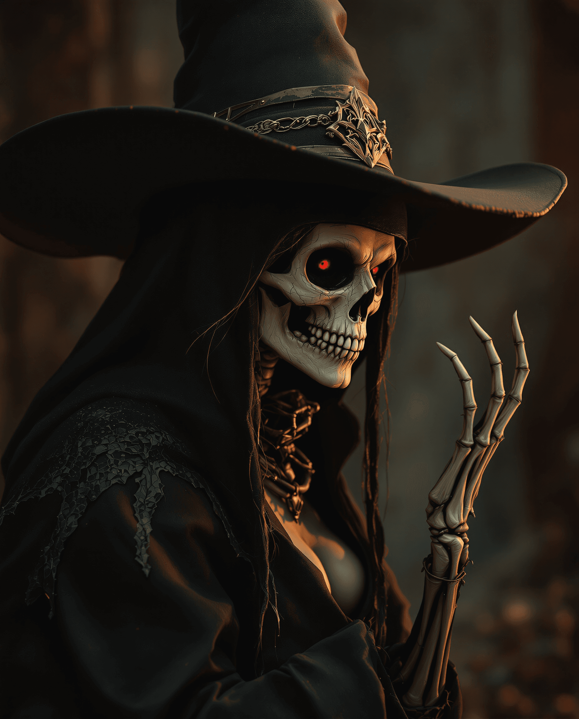 AI generated: the vampire witch with hat and skeleton looking, in the style of eve ventrue, vray tracing, paul hed...