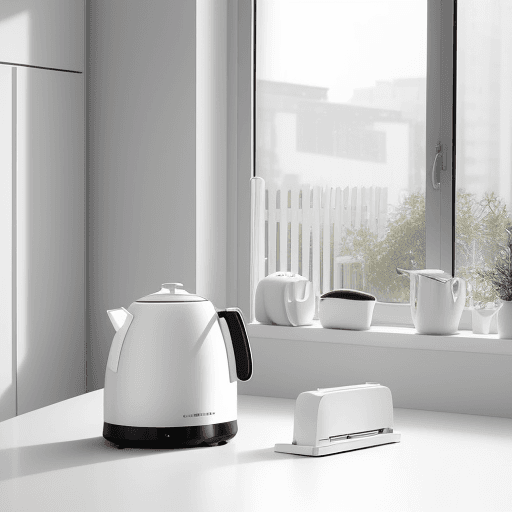 AI generated: A white ceramic four-slice toaster, IDEA design award winner, Red Dot design award winner, in a slee...