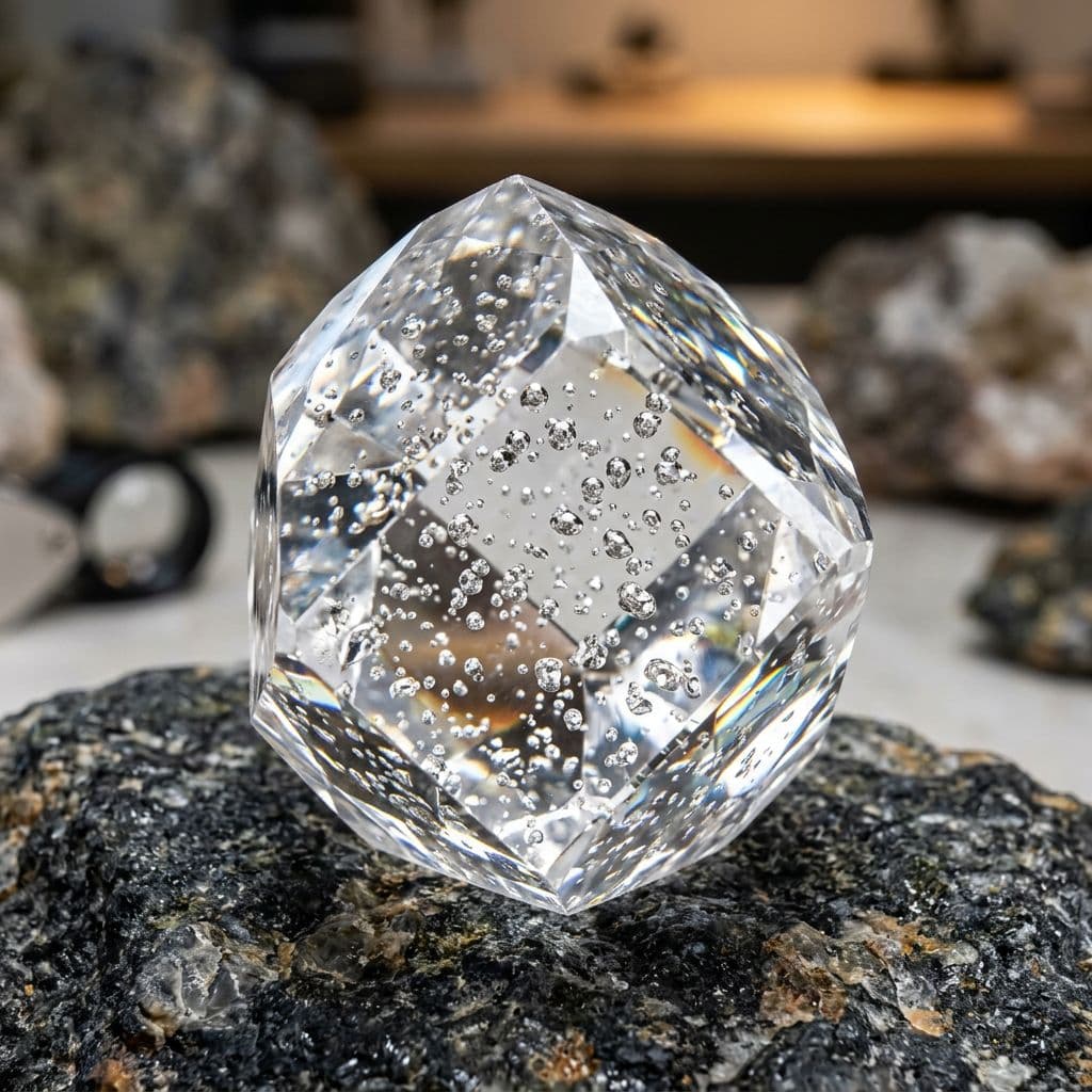 AI generated: a brilliant crystal made of diamond with mini bubbles of platinum through out 