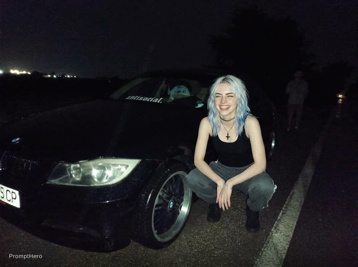 AI generated: make her do an asian squat next to the front wheel
big charming smile with her eyes half closed
