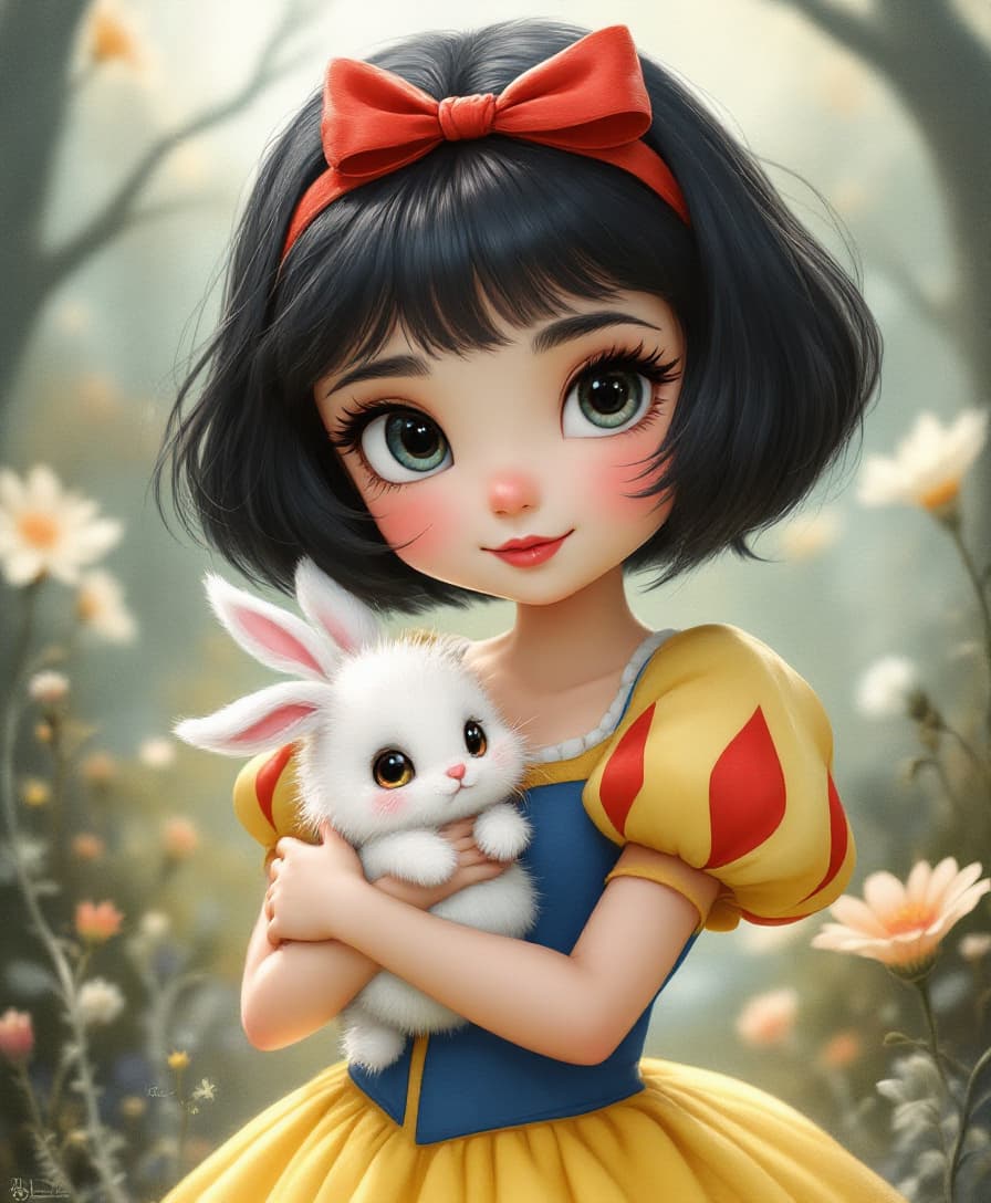 AI generated: Snowwhite 

Promt; Whimsical and pretty illustration of Snow White with big, beautiful eyes and huge...