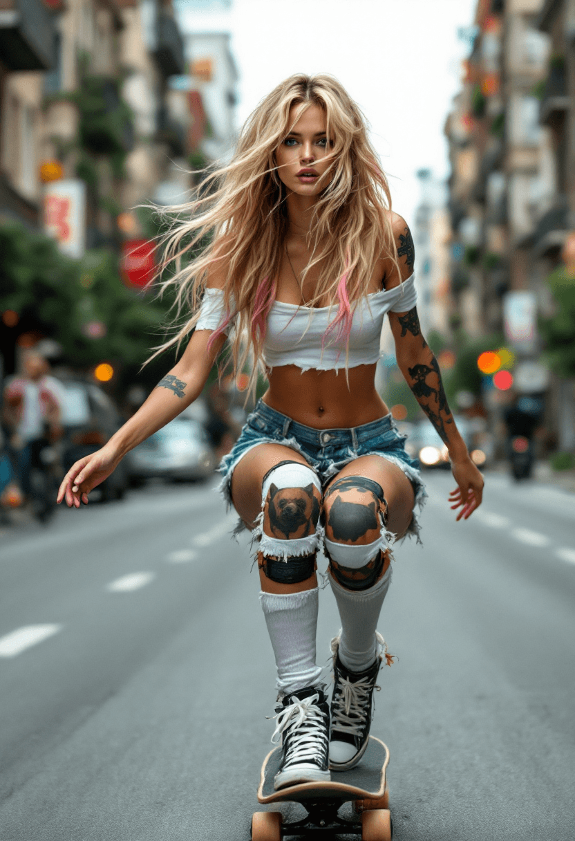 AI generated: (8K) masterpiece image of a beautiful blonde riding a skateboard down a busy street.  Her knees are ...