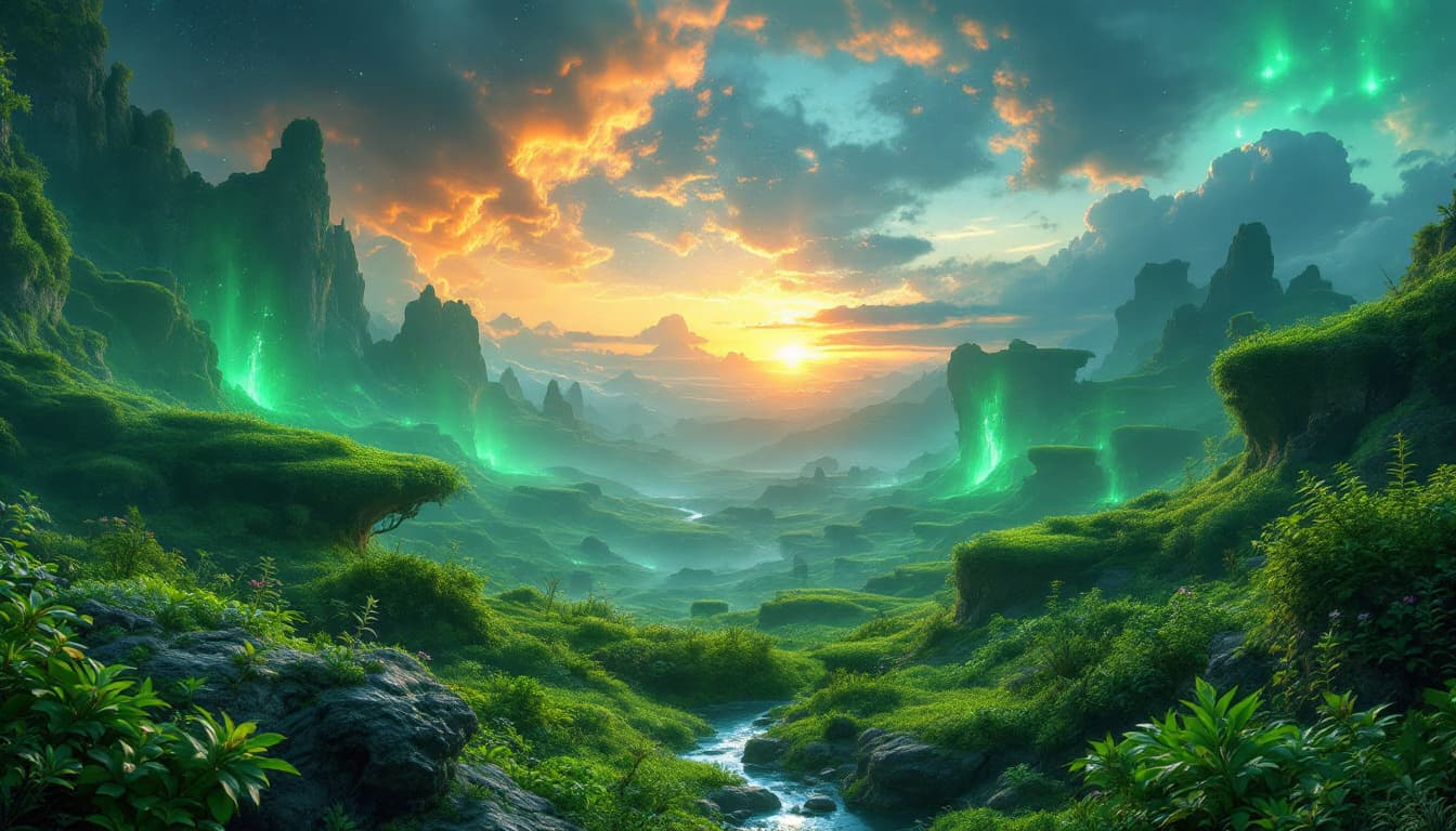 AI generated: Fantasy landscape, dynamic lights, glowing emerald, nebulas, sunset,,8k photorealistic eternal  ambi...