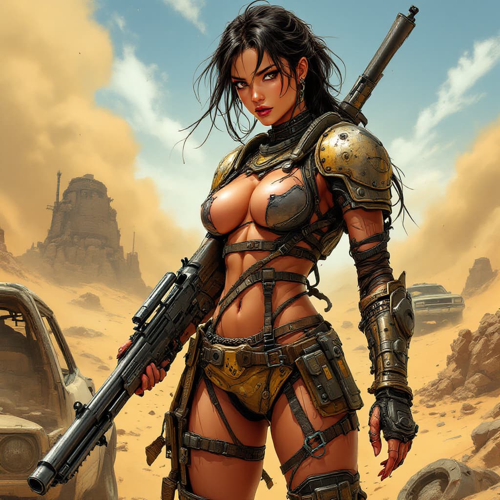 AI generated: (subject, a asian female extreme bodybuilder apocalyptic warrior, description, wearing self-made Mad...