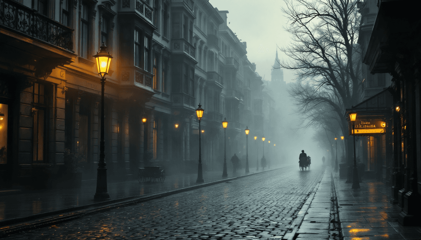 AI generated: A wide view of the quiet streets of 1890s Vienna at dawn, shrouded in a ghostly morning mist. The co...