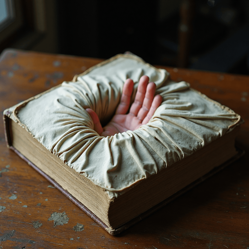 AI generated: An ancient, worn book rests on a desk, but its cover is unnervingly smooth and stretched, almost lik...