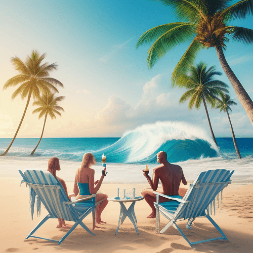 AI generated: a realistic photo of dream holiday by the ocean, big waves, 3 people relaxing on the beach drinking ...