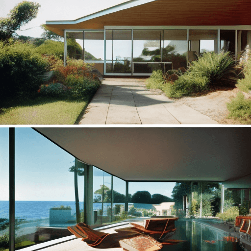 AI generated: Hyper realistic eye level exterior photo of a mid century modern style house overlooking the ocean, ...