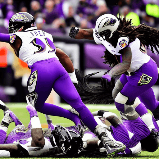 AI generated: Craft a vivid image that has three Baltimore ravens players fiercely riding atop 3 large raven birds...