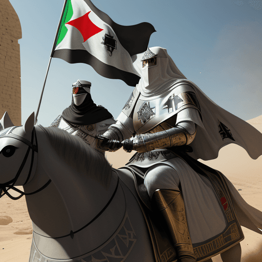 AI generated: knights templar riding hard into battle, palestine flag, 1150's, midievil, islam, illuminati, unreal...