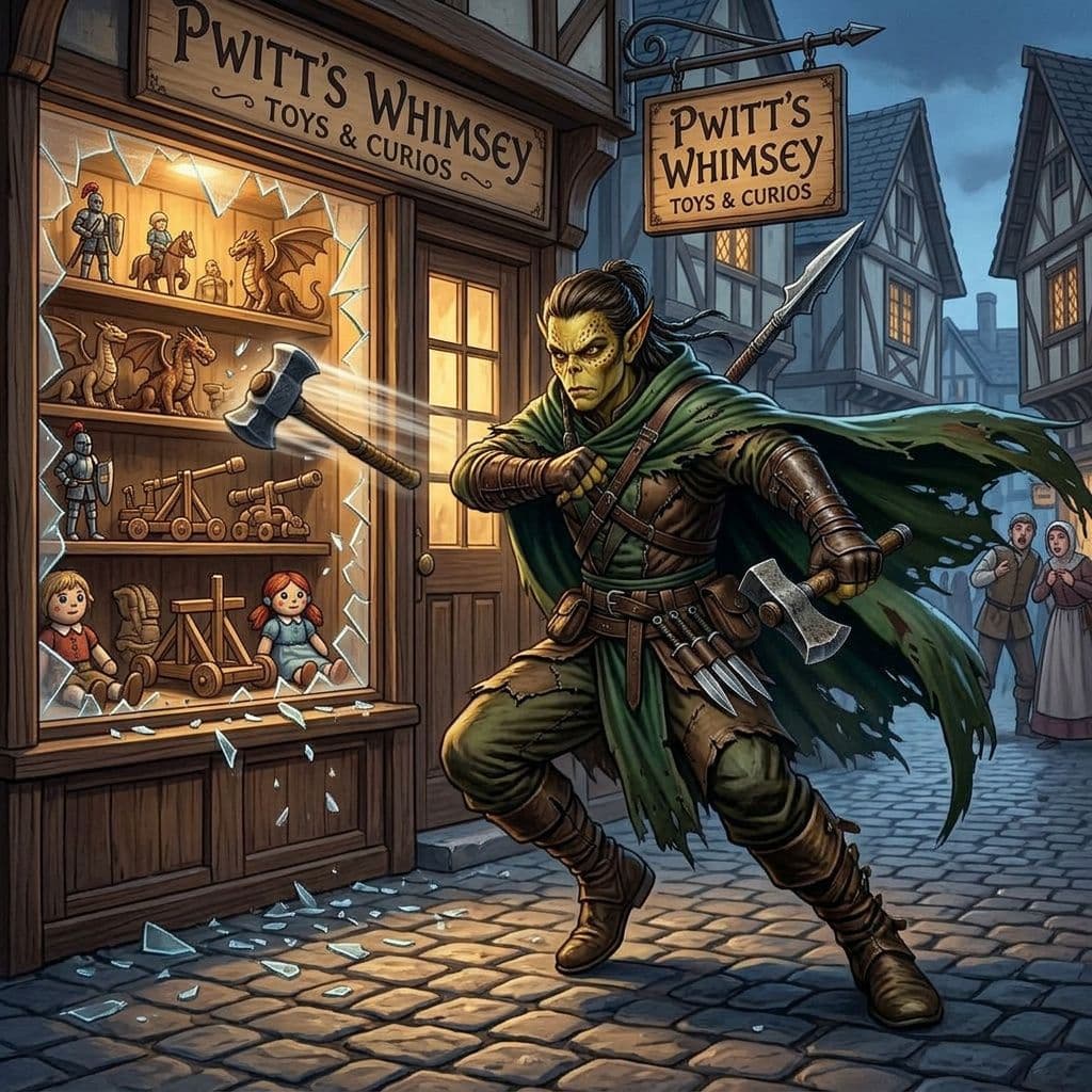 AI generated: a male githzerai ranger throwing a hammer into a medieval toy shop named "Pwitt's Whimsey" window, a...