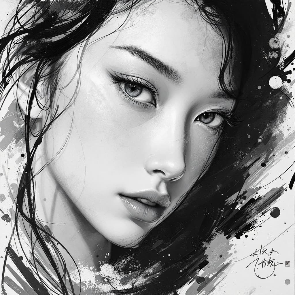 AI generated: graphic design and artwork art, light gray and black, realistic portrayal, oriental, detailed perfec...