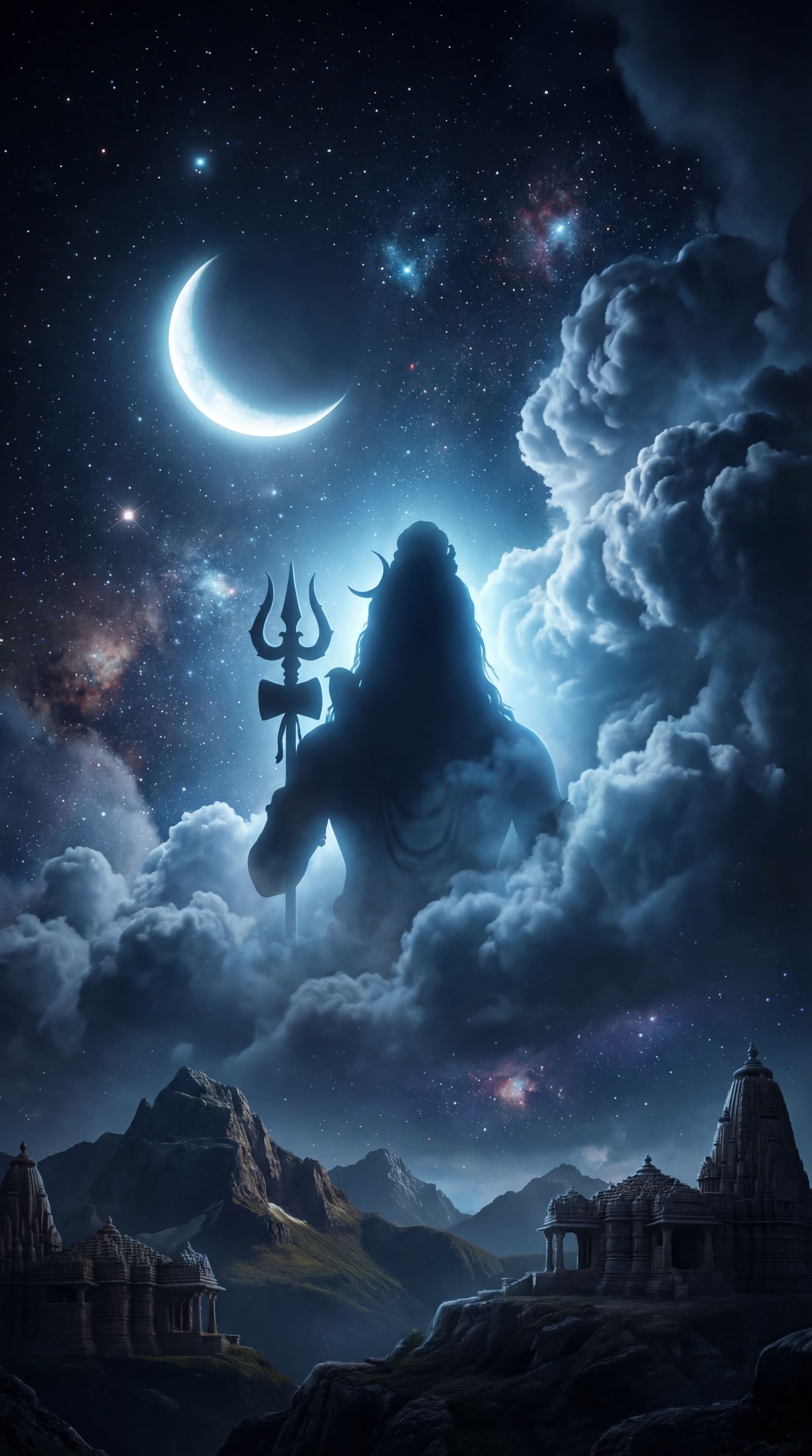 AI generated: Dark cosmic night sky, glowing crescent moon, dramatic clouds, soft blue divine light forming silhou...