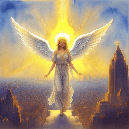 AI generated: An angel welcomes a heavenly city where there are angels walking through golden streets and some fly...