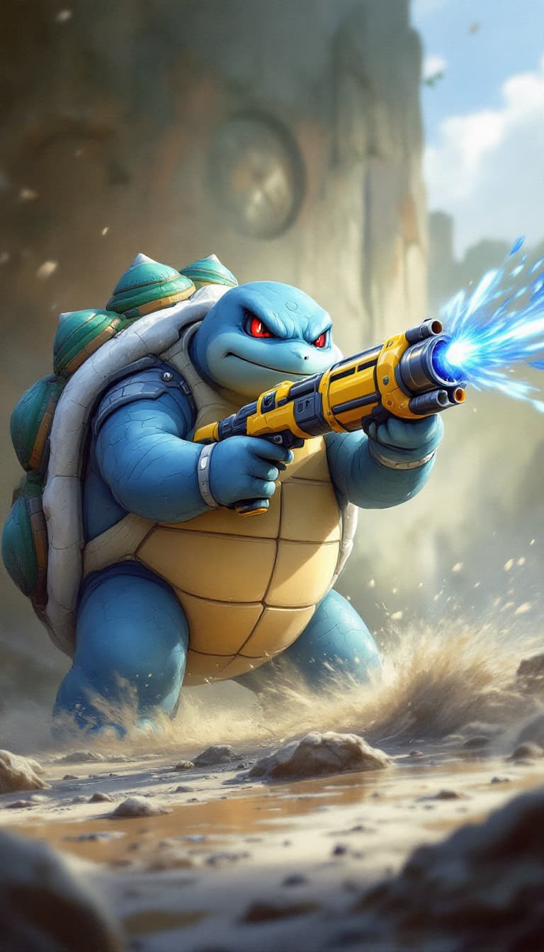AI generated: A Pokemon blastoise,
while using the water pump gun. , creating a war atmosphere.