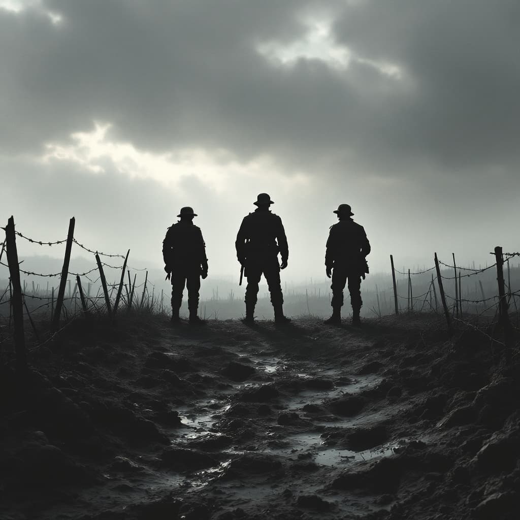 AI generated: Create a WWI no-mans land scene: a barren, war-torn landscape under a foreboding, gray cloudy sky, w...