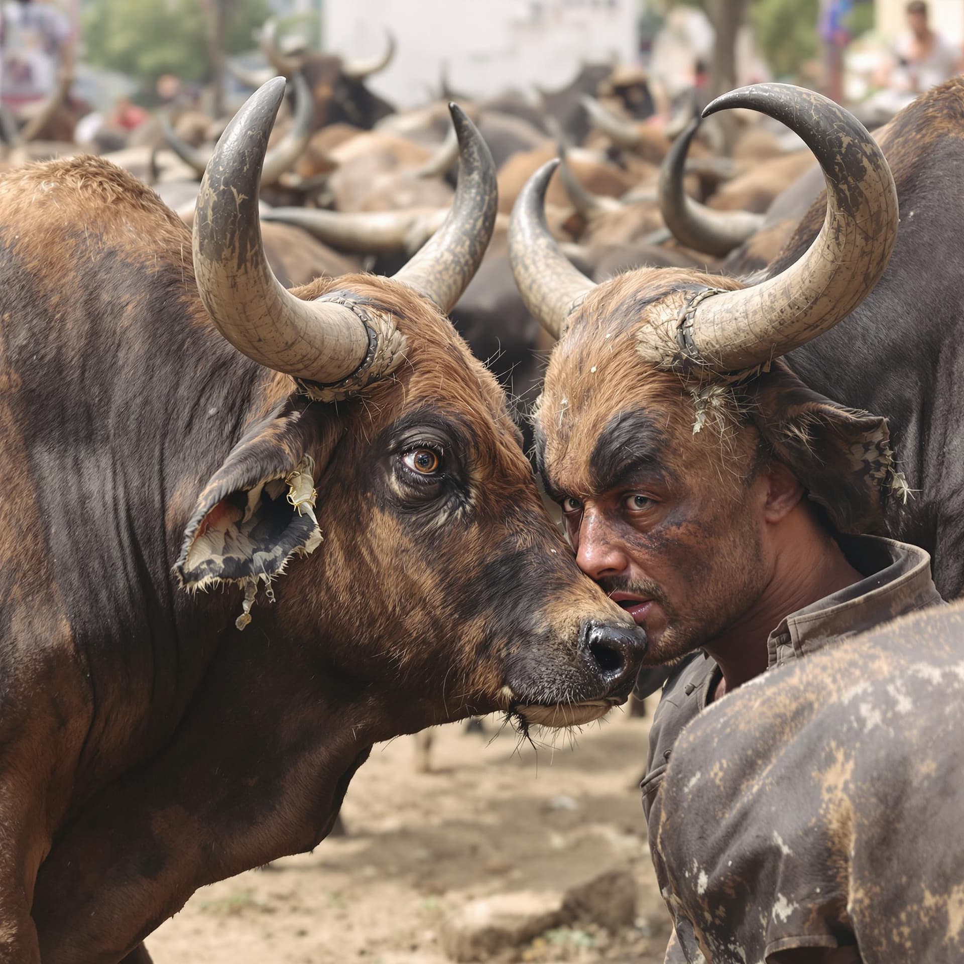 AI generated: In the photo, a man can barely cope with aggressive bulls and looks at the camera




