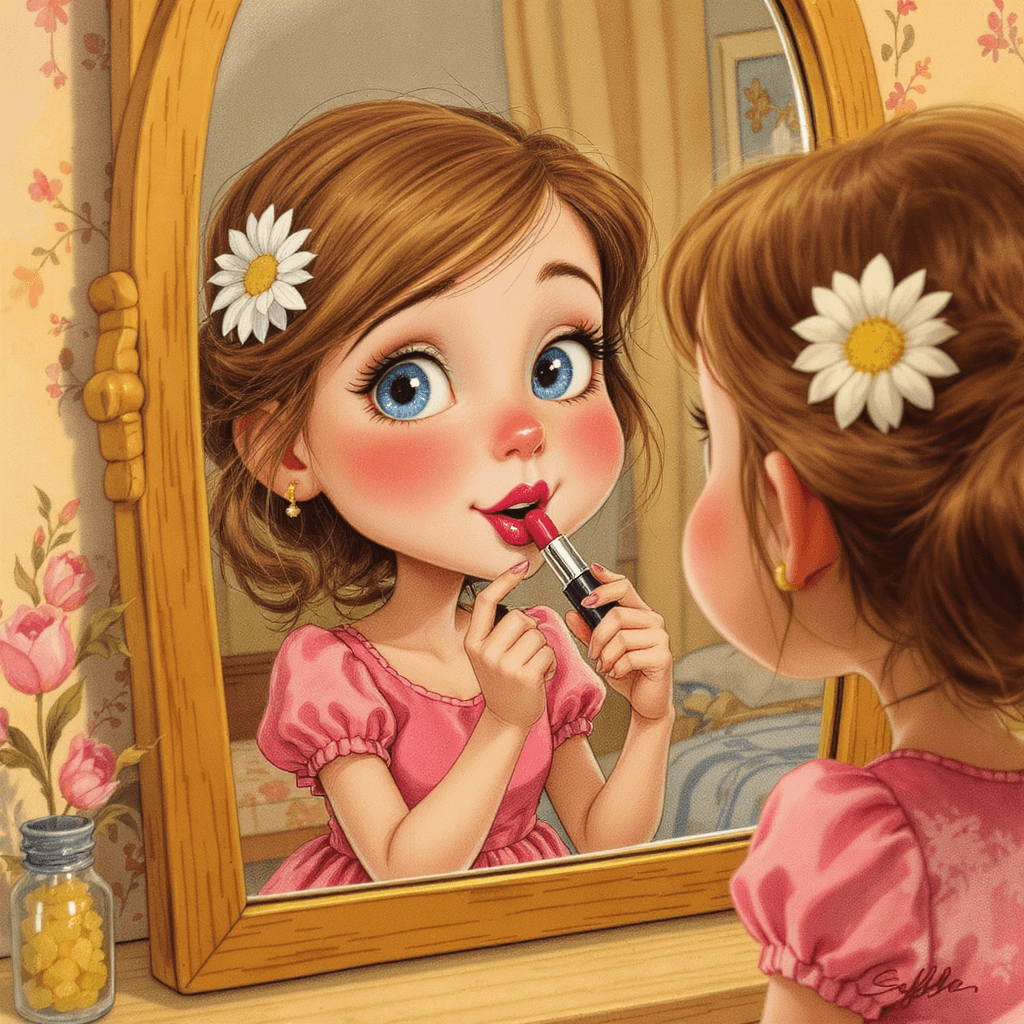 AI generated: Caricature.  whimsical, little lady, playing with moms lipstick, looking in the mirror while putting...