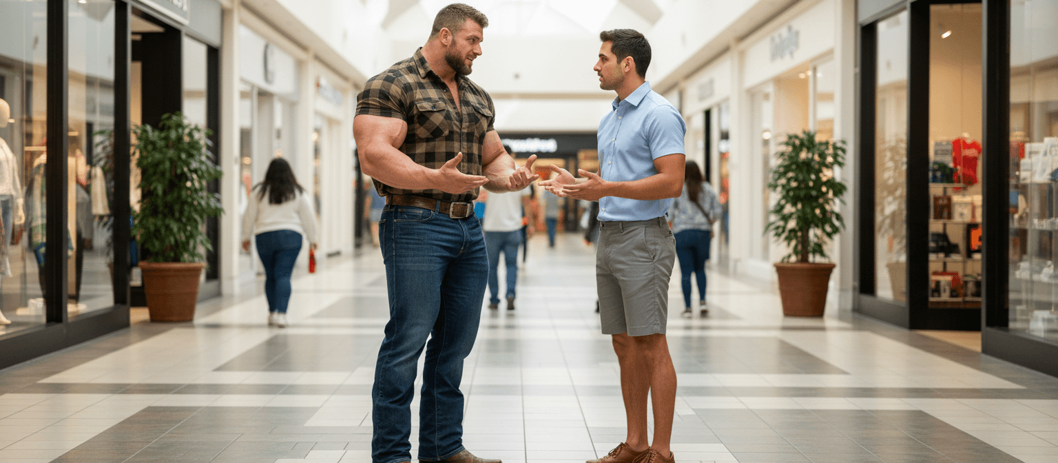 AI generated: the bodybuilder is 6'4" tall, he has huge muscular shoulders and extra huge muscular legs. He is wea...