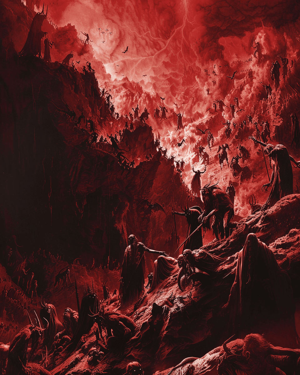 AI generated: A red fantasy landscape with dragons and monsters, in the style of Dan Mumford, red hues, red lighti...