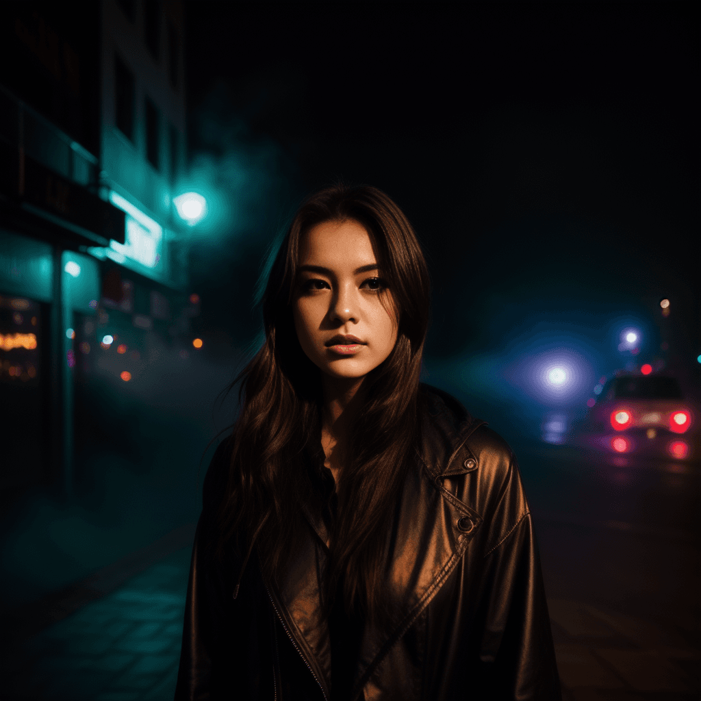 AI generated: city street, neon, fog, volumetric, closeup portrait photo of young woman in dark clothes, <lora:epi...