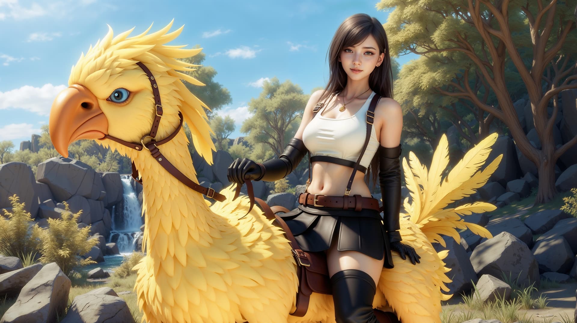 AI generated: In a dazzling display of artistic mastery, a flawlessly rendered chocobo, the iconic creature from t...